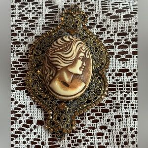 Vintage Cameo Brooch Pendant Filigree Rhinestone Victorian Revival Pin